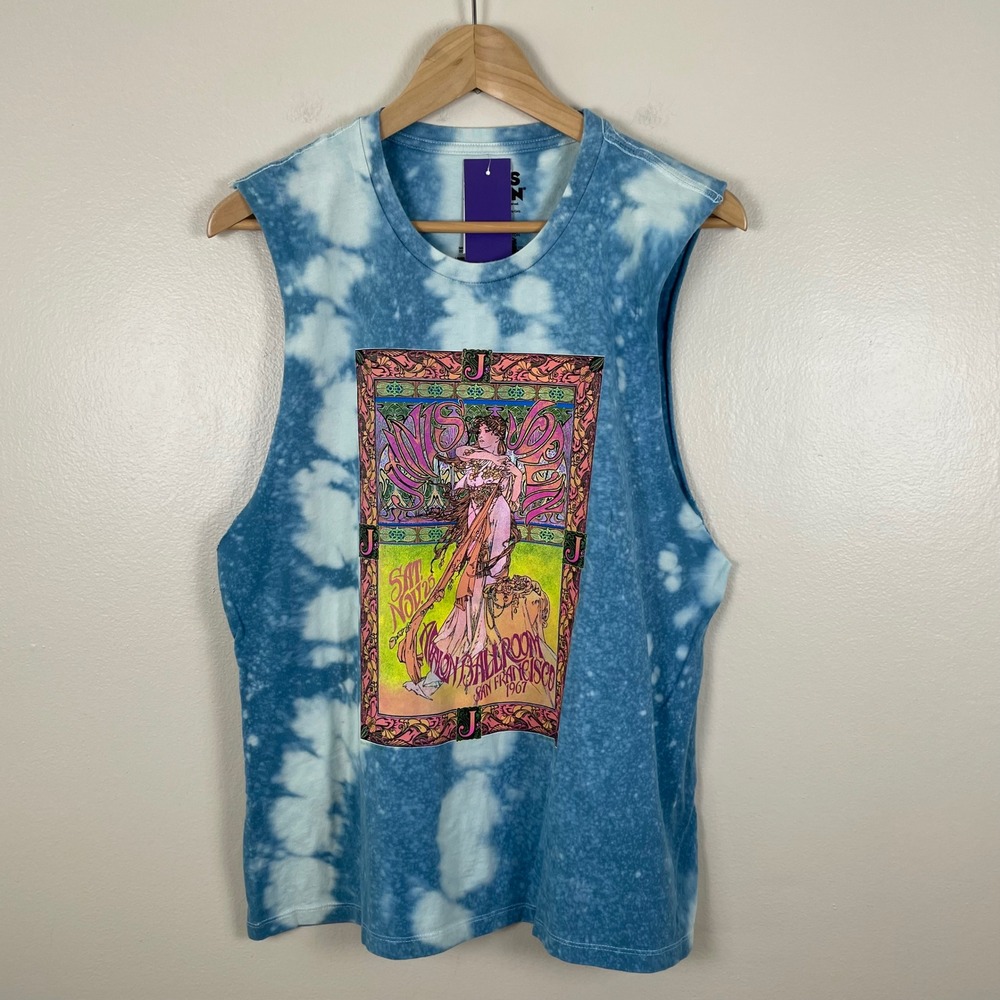 Janis Joplin Women's L Muscle Tank Blue Tie Dye Avalon Ballroom Graphic 70s NEW